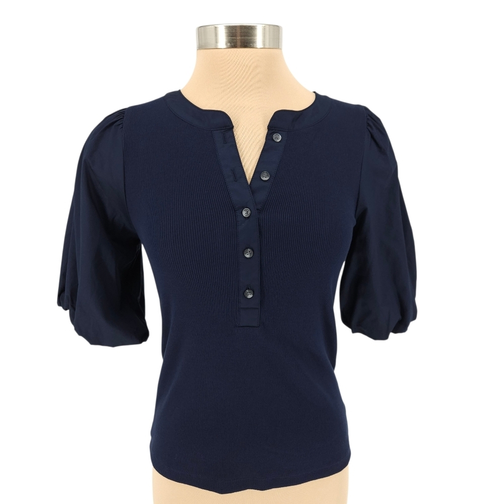 Old Navy Henley Shirt Blue Puff Short Sleeve Button Rib Knit Top Medium